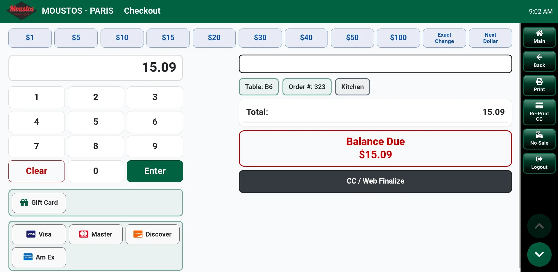 The Propel POS checkout screen: quick cash buttons from $1 to $100, a keypad, gift card and Visa, Mastercard, Discover and American Express buttons, and a balance due of $15.09