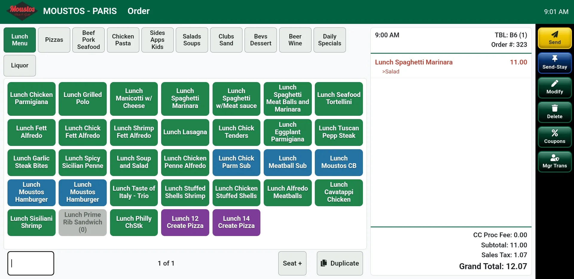 The Propel POS order screen on a tablet, for Moustos in Paris, Tennessee: menu category tabs, a grid of lunch items, and the check with Lunch Spaghetti Marinara, subtotal, sales tax and grand total, next to Send, Modify, Delete and Coupons buttons