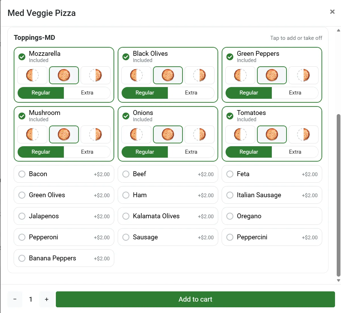 Building a Med Veggie Pizza on a Cloud Drive-In ordering page: each topping can go on the left half, the whole pizza or the right half, regular or extra