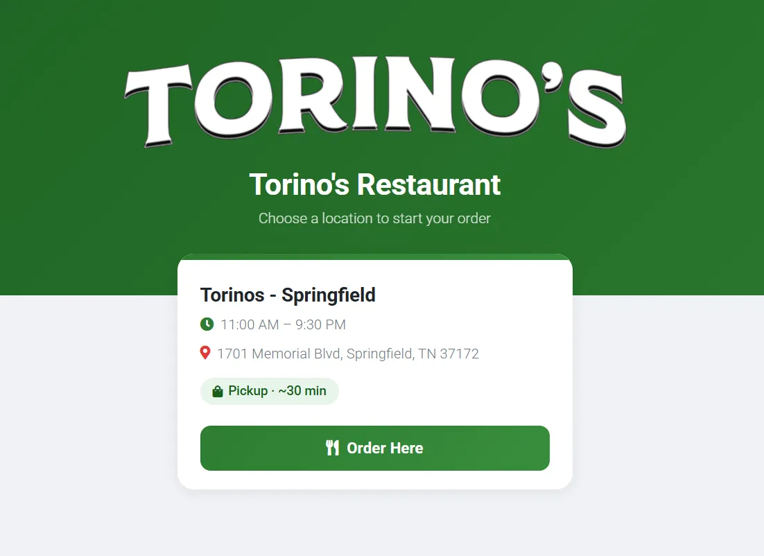 Torino's Restaurant ordering page on Cloud Drive-In, showing the Springfield, Tennessee location with its hours, address and an Order Here button